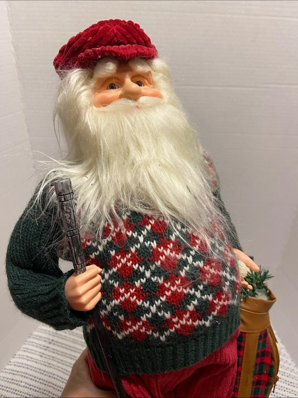 Santa Golf Figurine Red Corduroy Pants & Hat Argyle Sweater Golf Club Bag & Ball